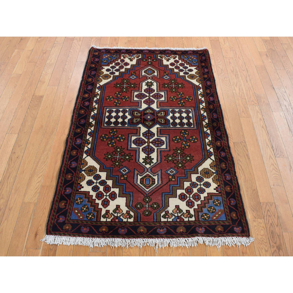 Red Vintage Bohemian Persian Hamadan Pure Wool Hand Knotted Rug 3'5" x 5'