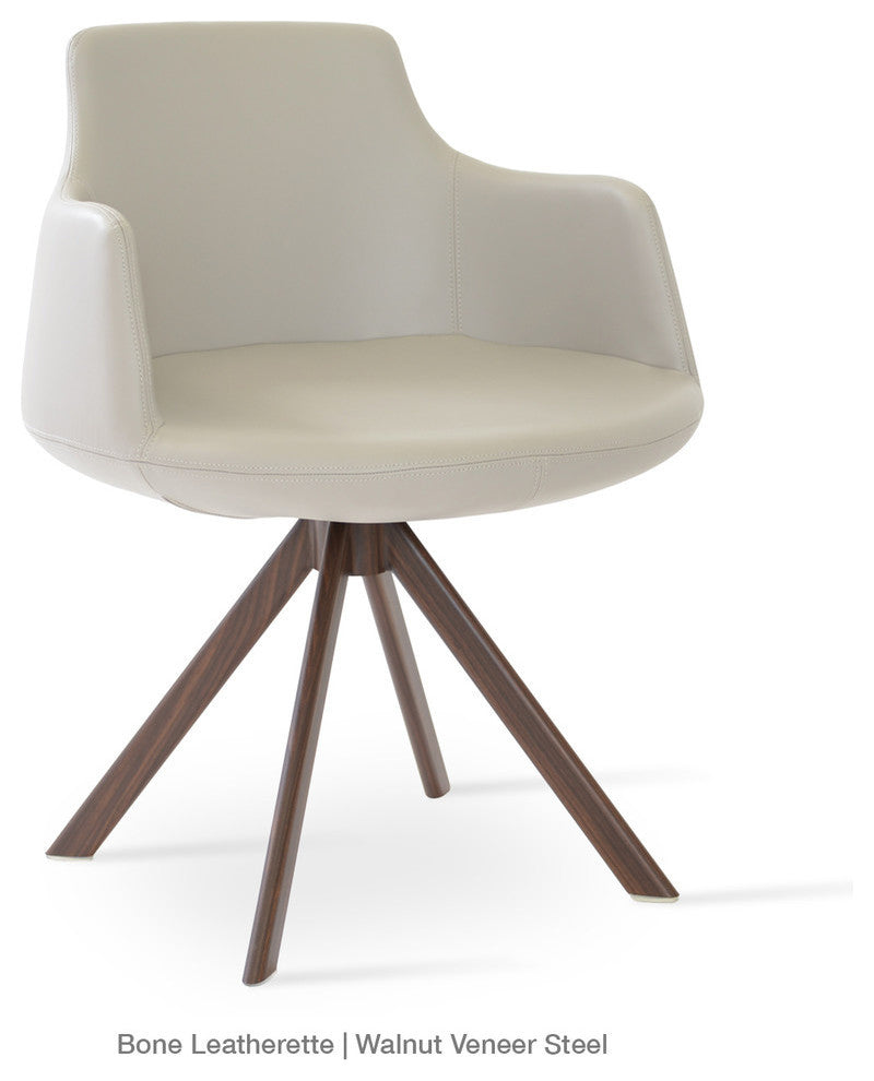 Dervish Sword Chair, Walnut Veneer Steel Base, White Leatherette