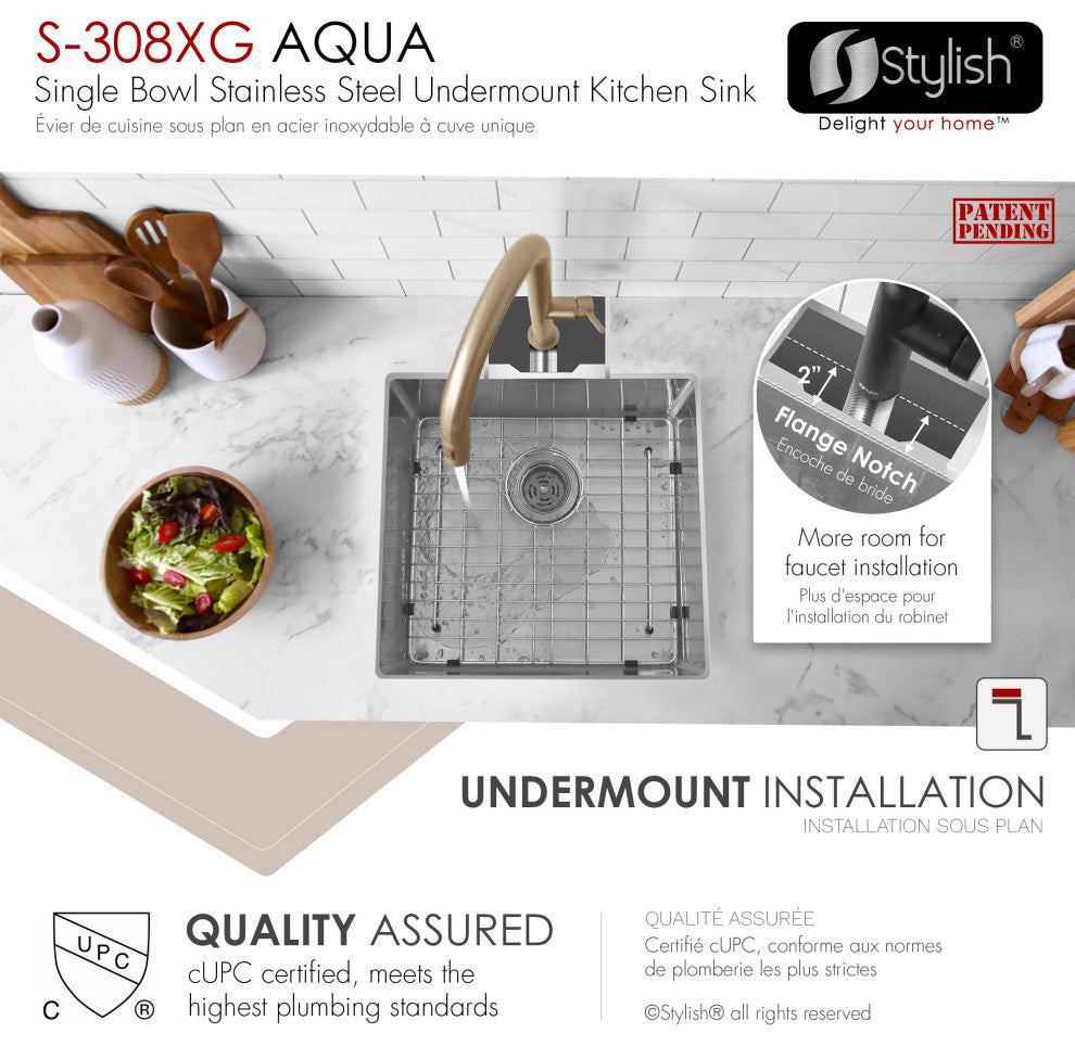 STYLISH 19"L x 18"W Undermount Kitchen Sink Single Bowl with Grid and Strainer