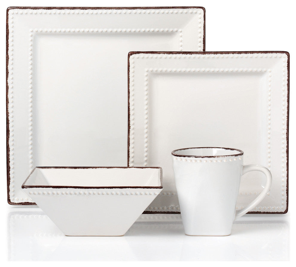 16 Piece Square Beaded Stoneware Dinnerware set by Lorren Home Trends, White