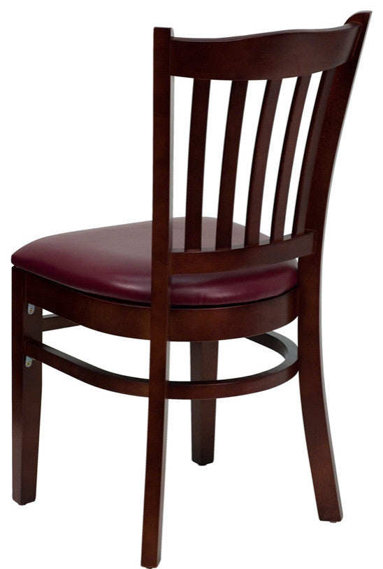 Vertical Slat Back Mahogany Wood Restaurant Chair, Burgundy Vinyl Seat