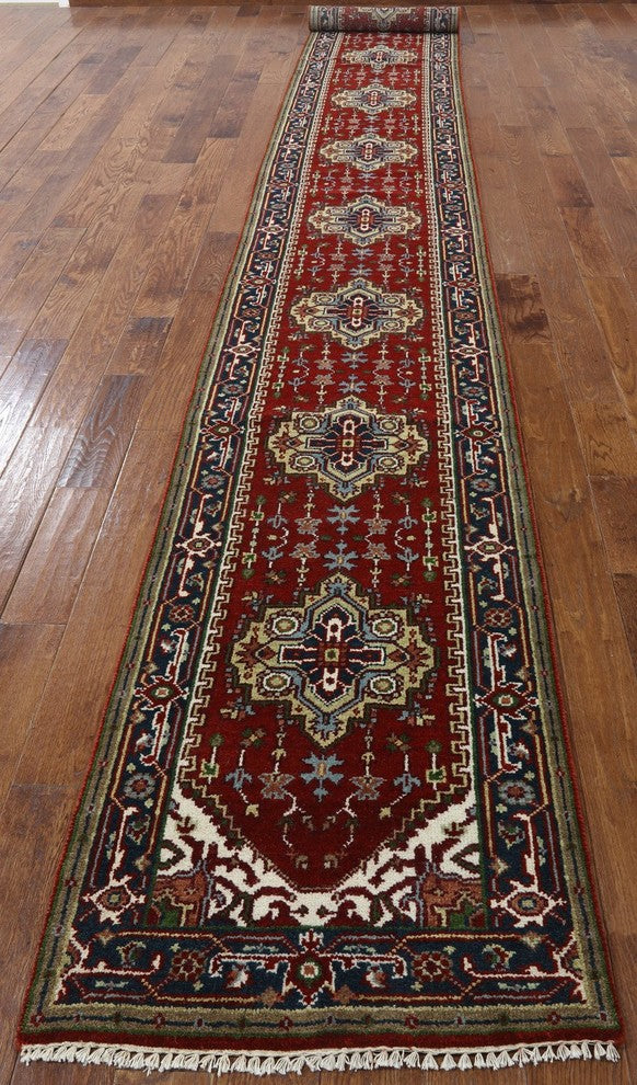 Red & Blue Oriental Runner 3'x20' Heriz Serapi Hand Knotted Wool Rug H9218