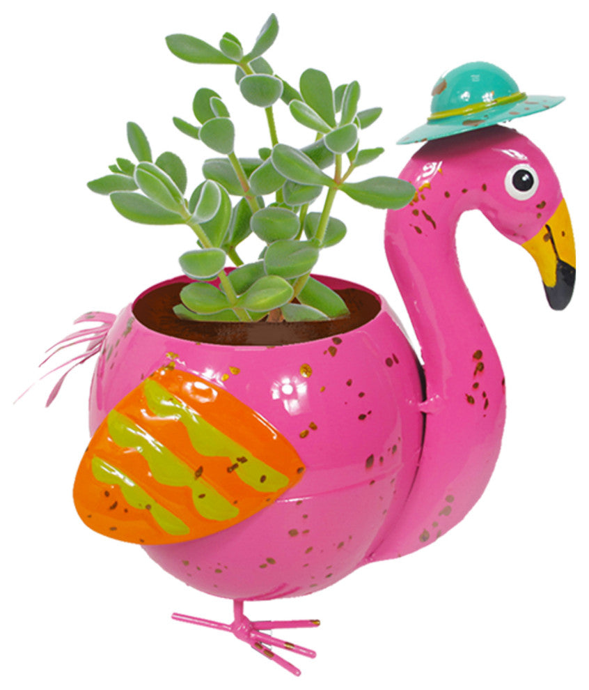 Metal Mini Flamingo Planter Garden Flower Pot Indoor Pen Holder Outdoor Yard Art
