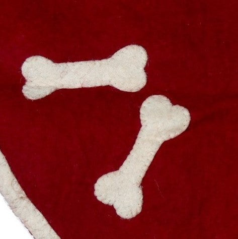 Dog Bones on Red Christmas Tree Skirt in Hand Felted Wool, 60"