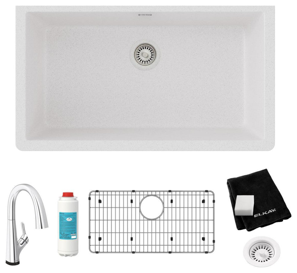 Quartz Classic 33" Single Bowl Undermount Sink Kit With Filtered Faucet, White