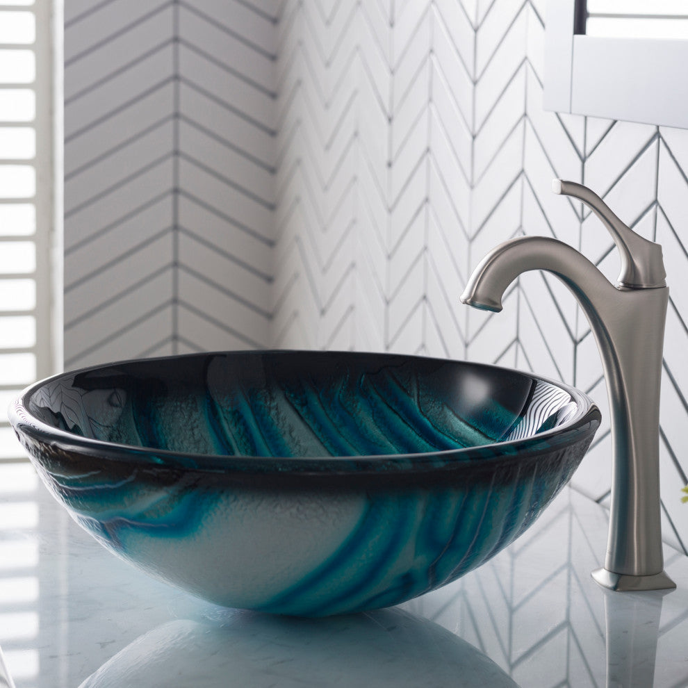 Glass Vessel Sink, Bathroom Arlo Faucet, Drain, Ring, Spot Free Stainless Steel