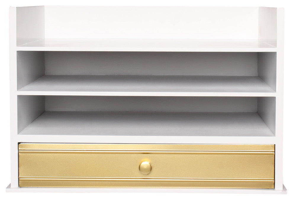 Industrious Desktop Wood Letter Tray, 13x9x10, White/Gold