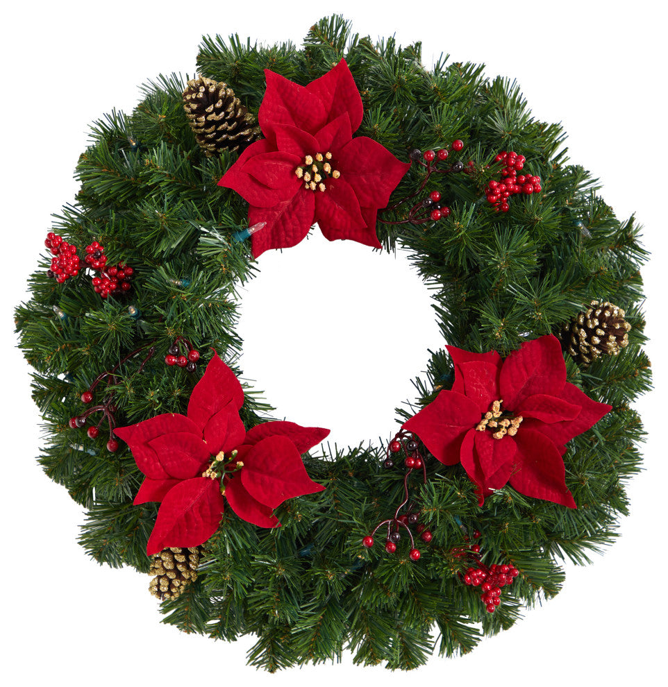 24" Poinsettia, Berry and Pinecone Faux Wreath With 50 Warm White LED Lights