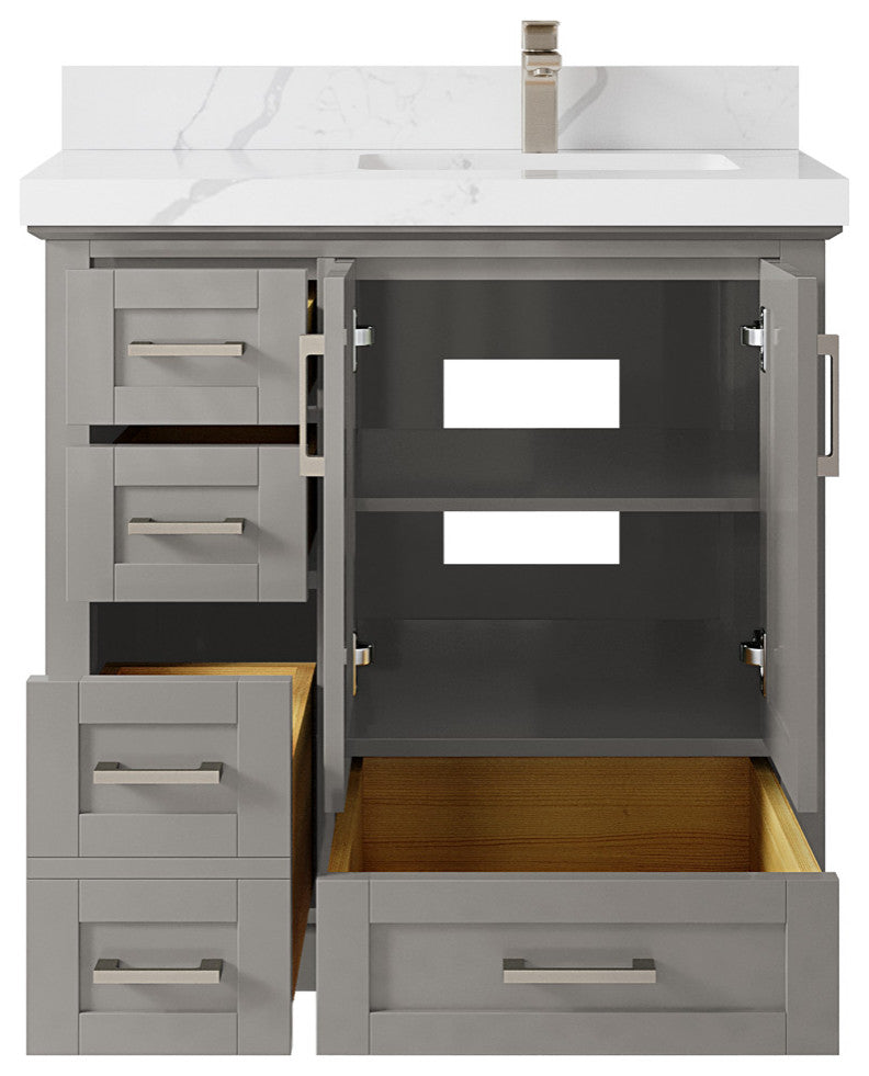 Boston 36 Right Offset Bath Vanity in Elephant Skin Gray 2" Calacatta Laza