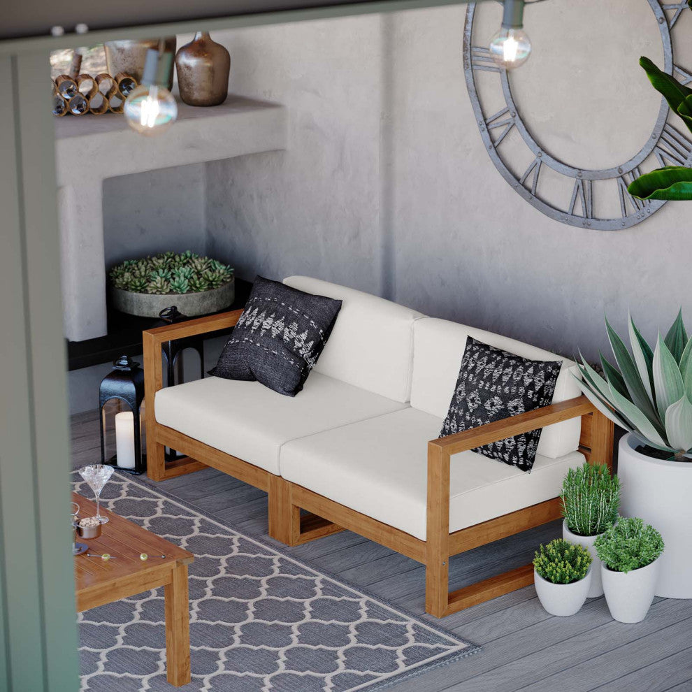 Lounge Loveseat Sofa, Wood, Brown Natural White, Modern, Outdoor Patio Bistro