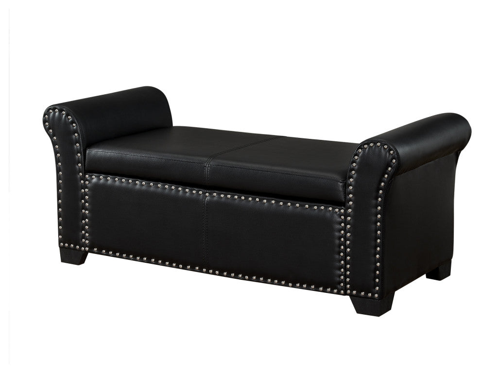 Veber PU Leather Nailhead Trim Storage Ottoman Bench, Black