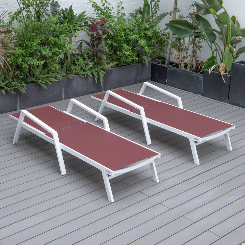 LeisureMod Marlin Patio Chaise Lounge Chair White Arms Set of 2, Burgundy