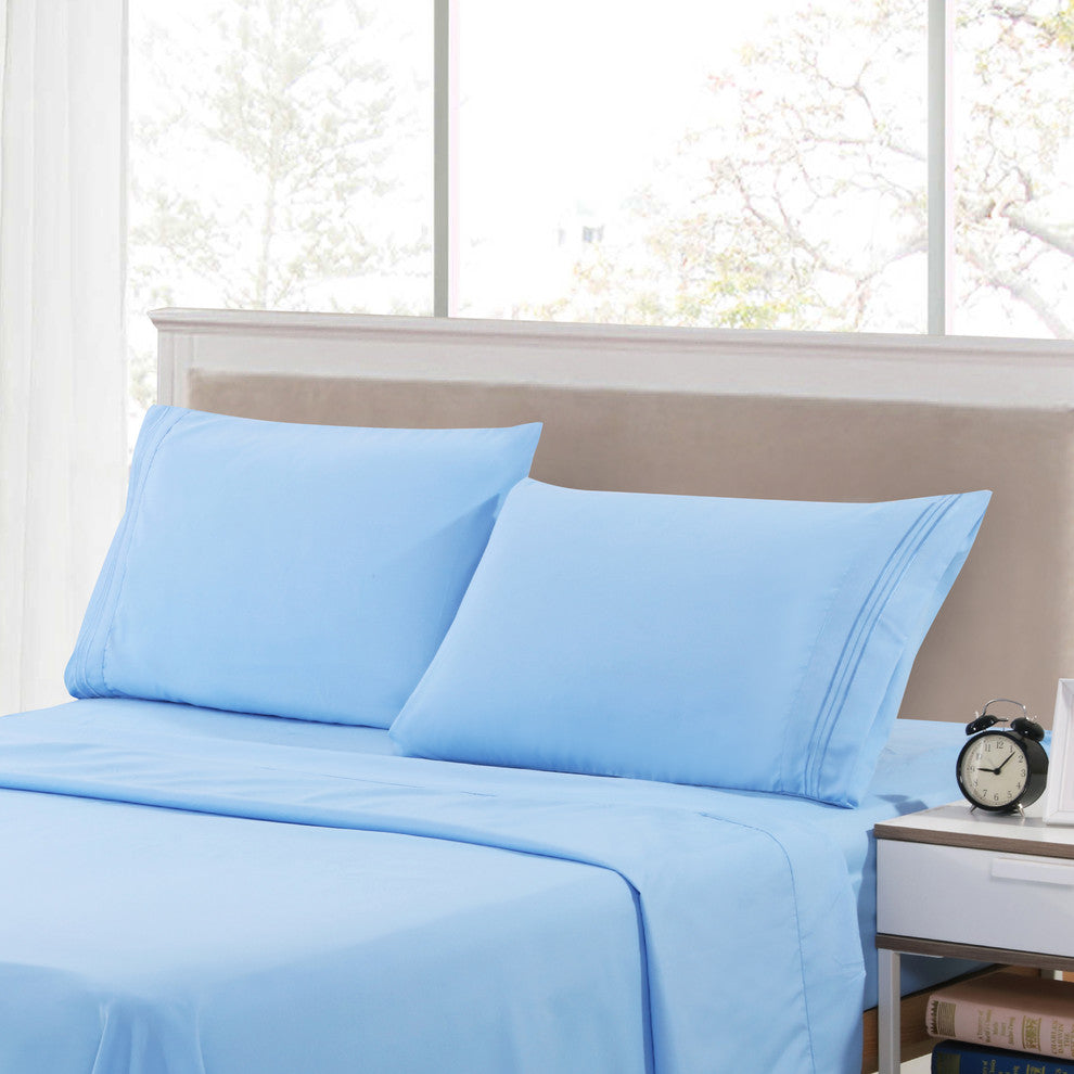 Brushed Microfiber Embroidered 1800 Bedding, 4 Piece, Blue, King