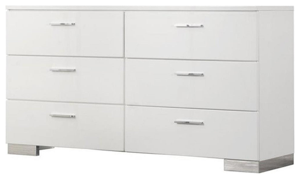 Bowery Hill 6-Drawer Contemporary Wood Dresser with Chrome Legs in Glossy White