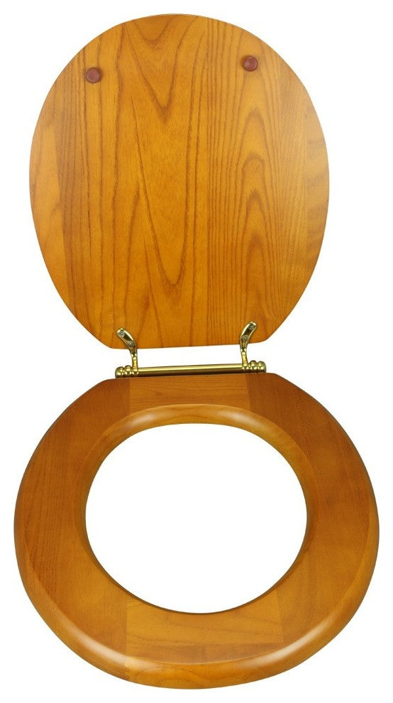 Round Toilet Seat Hardwood Golden Oak Brass Hinge Set of 2