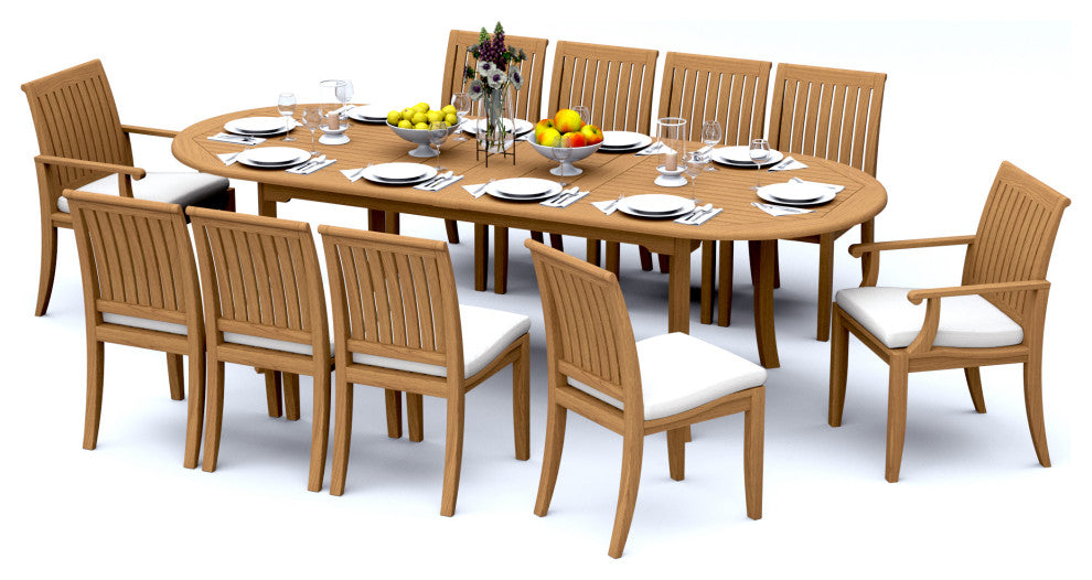 11-Piece Outdoor Teak Dining Patio Set: 94" Oval Extension Table 10 Lagos Chairs