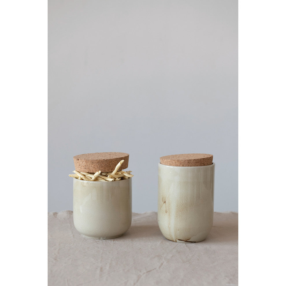 Stoneware Jar With Cork Lid, Reactive Glaze, Marbled Taupe