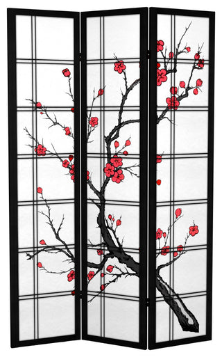 6' Tall Canvas Cherry Blossom Room Divider, Black, 3 Panels