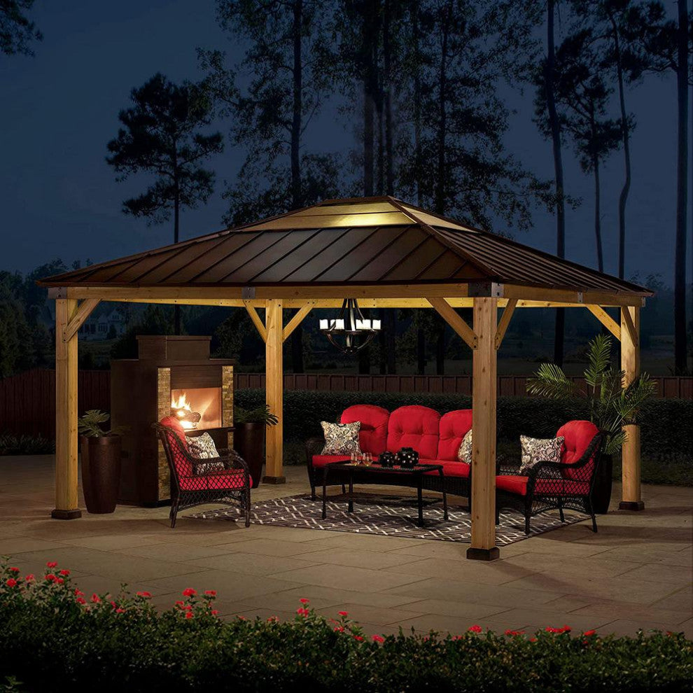13 ft. x 15 ft. Cedar Framed Gazebo with Brown Steel and Polycarbonate Hip...