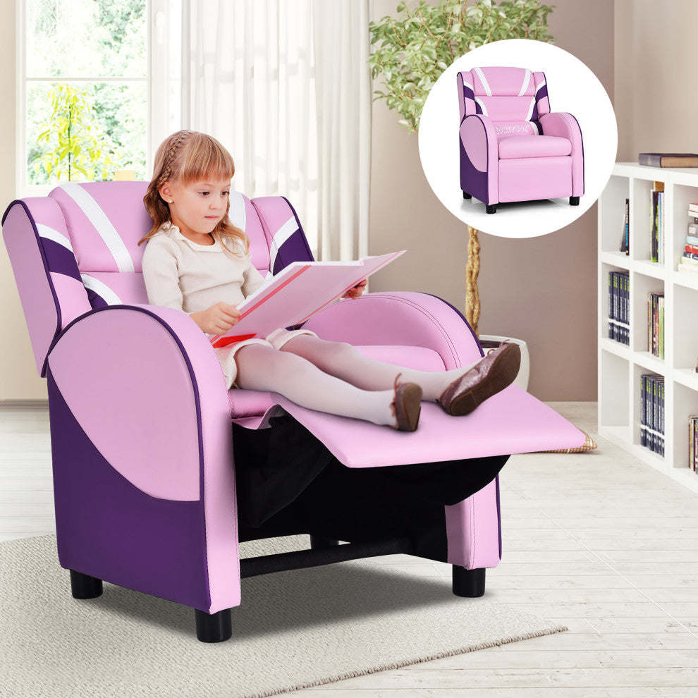 Kids Recliner Chair Gaming Sofa PU Leather Armchair w/Side Pockets Pink