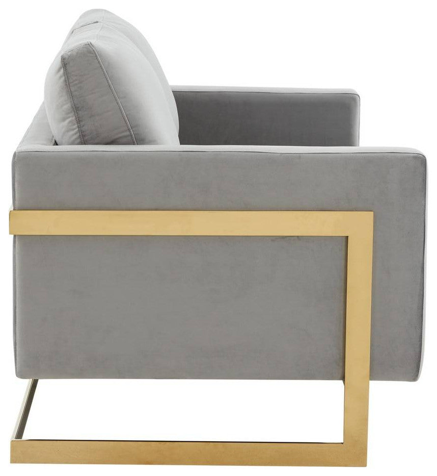 LeisureMod LA55LGR Lincoln Light Grey Mid-Century Velvet Loveseat Gold Frame