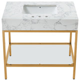Marmo Bathroom Vanity, White, 36" Wide, Brushed Brass Finish