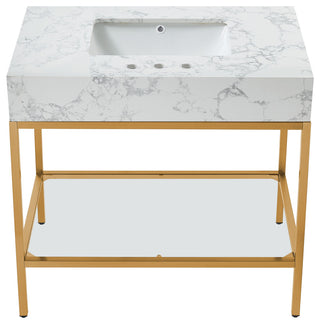 Marmo Bathroom Vanity, White, 36" Wide, Brushed Brass Finish