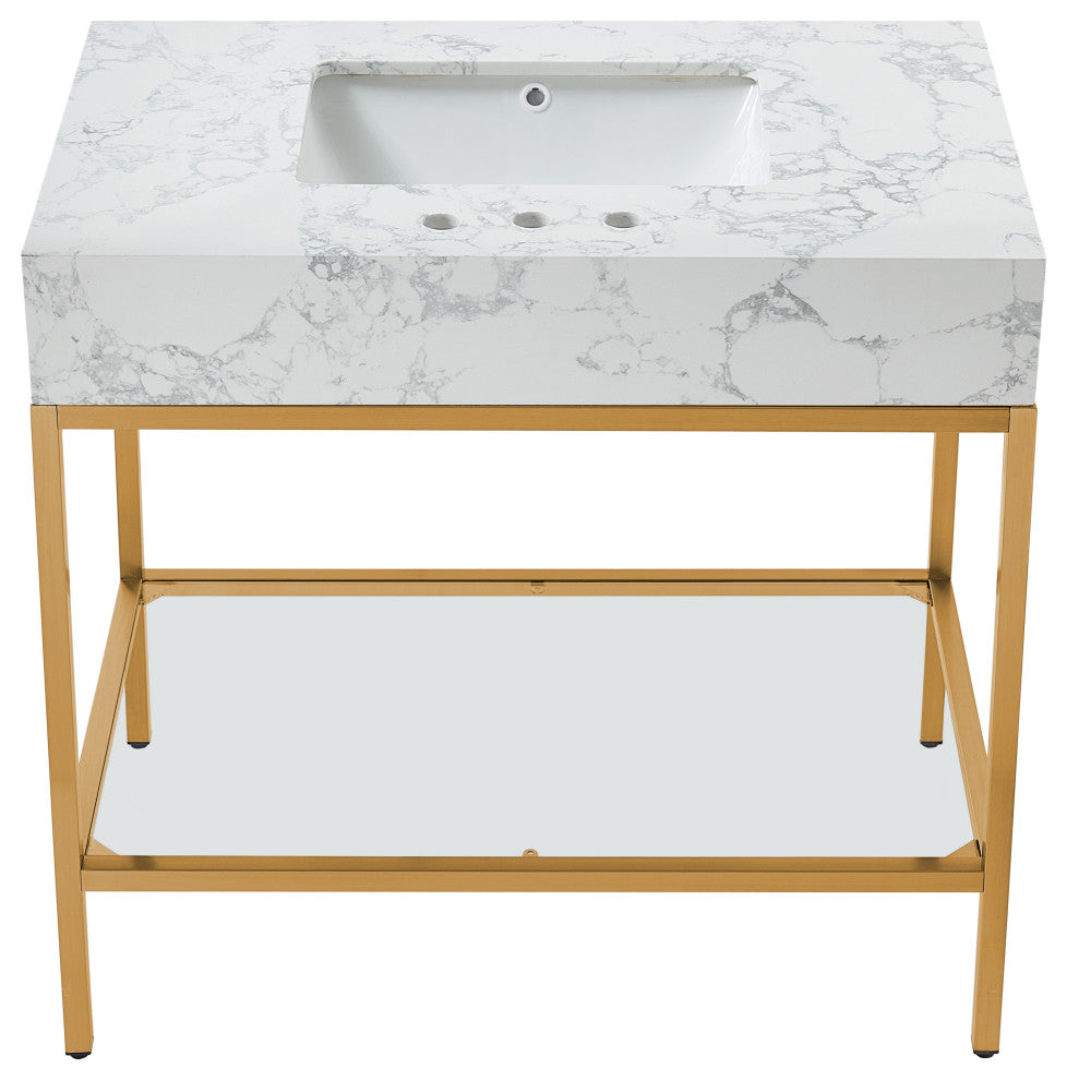 Marmo Bathroom Vanity, White, 36" Wide, Brushed Brass Finish