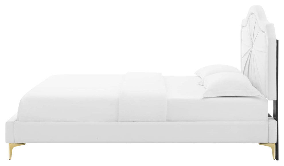 Platform Bed Frame, Full Size, Velvet, White, Modern Contemporary, Bedroom