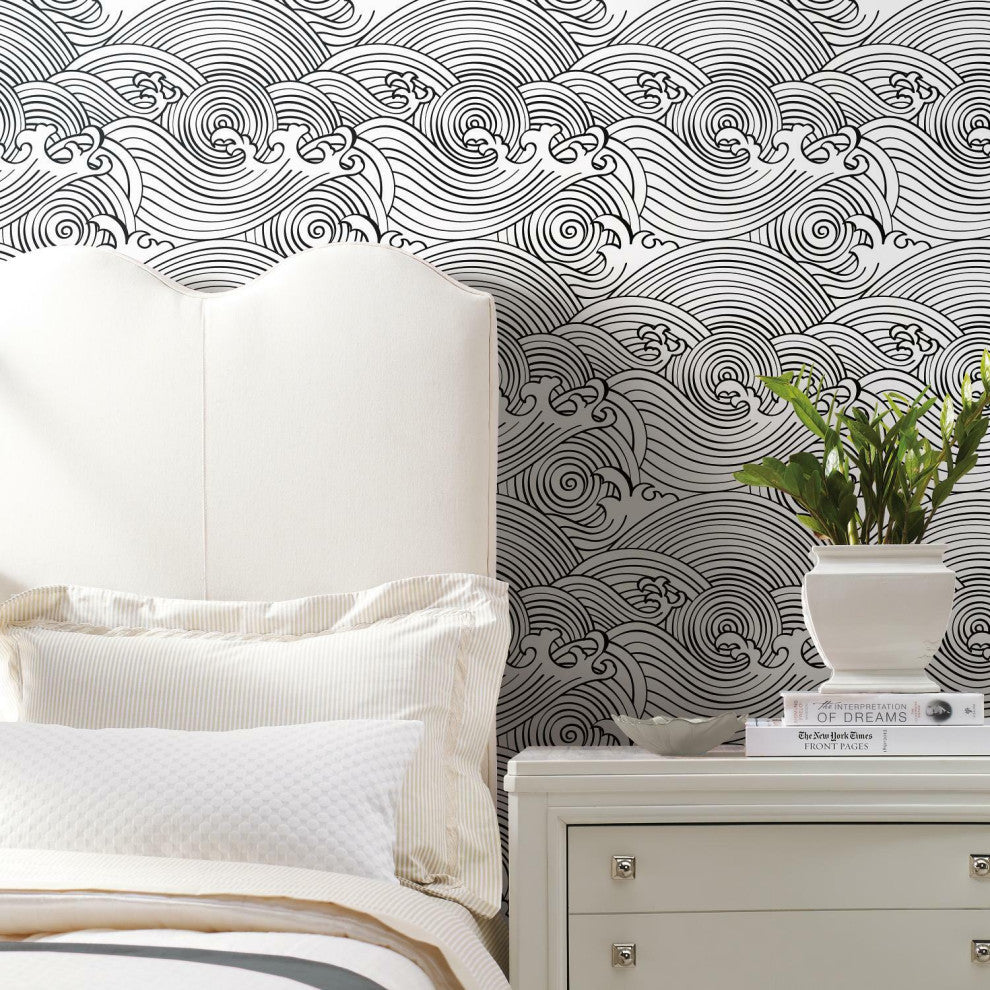 Black & White Asian Waves Peel & Stick Wallpaper