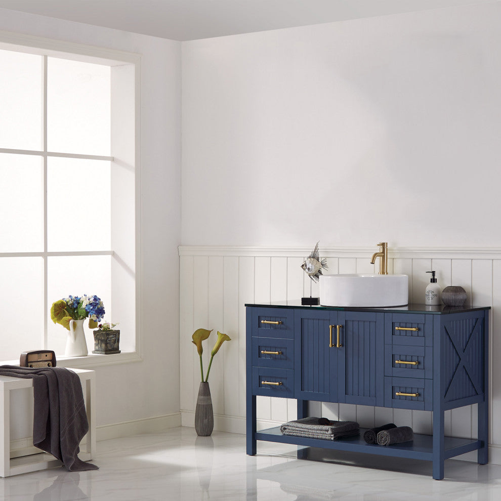 48"? Vanity in Royal Blue with Glass Countertop with White Vessel Sink No Mirror