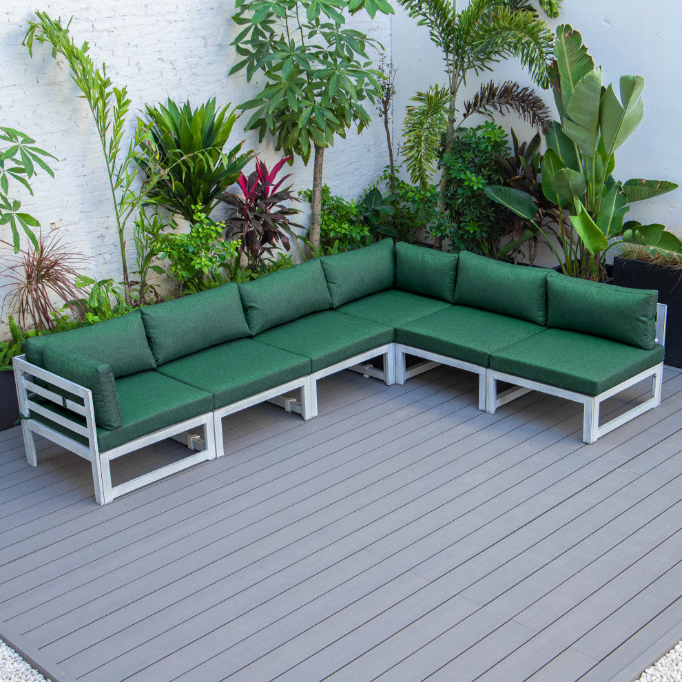 LeisureMod Chelsea 6-Piece Patio Sectional, Weathered Gray Aluminum, Green