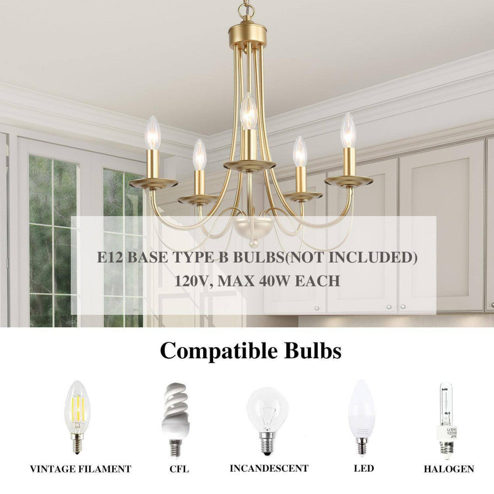 LNC 5-Light Modern Matte Metal Candle-Style Chandelier, Gold