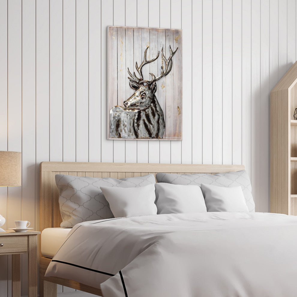 "Deer 2" Hand Painted Iron Wall Sculpture on Slatted Solid Wood Wall Art 40"x30"