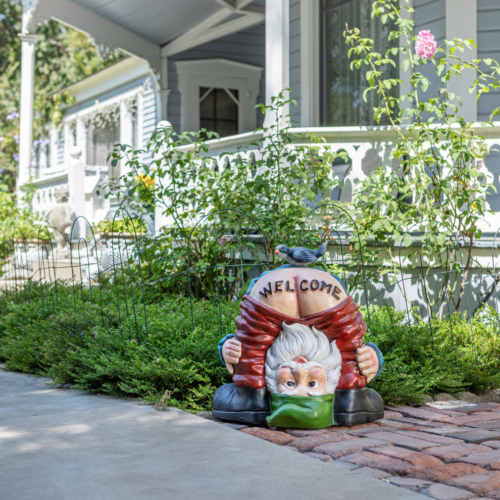 22" Tall Mooning "Welcome" Outdoor Garden Gnome with Bird Yard Statue Decoration