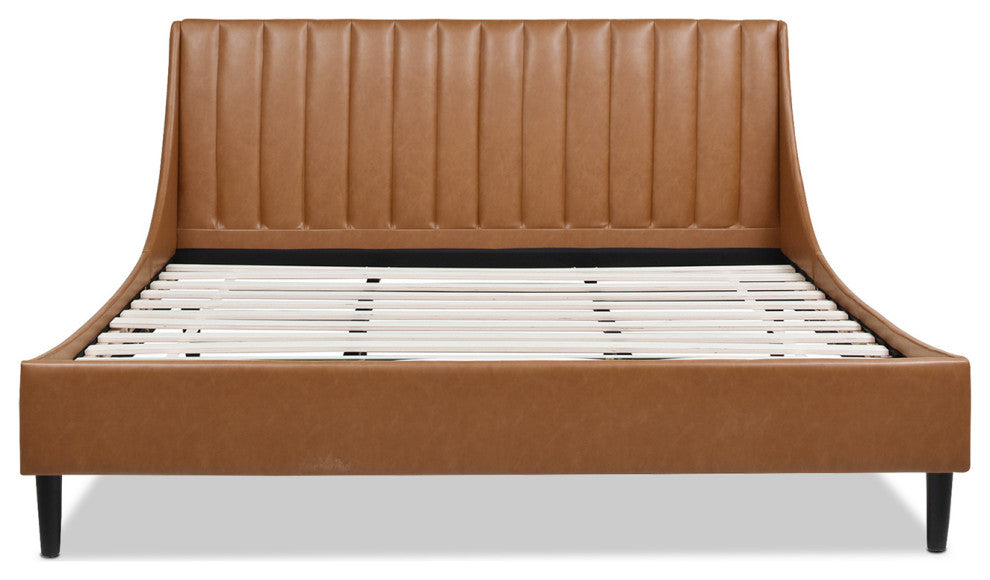 Aspen Modern Vertical Tufted Upholstered Platform Bed, Caramel Tan Brown Faux Leather, King