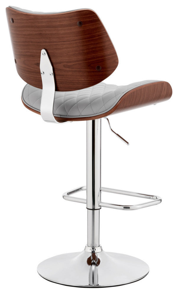 Leland Adjustable Faux Leather and Metal Bar Stool, Gray and Chrome