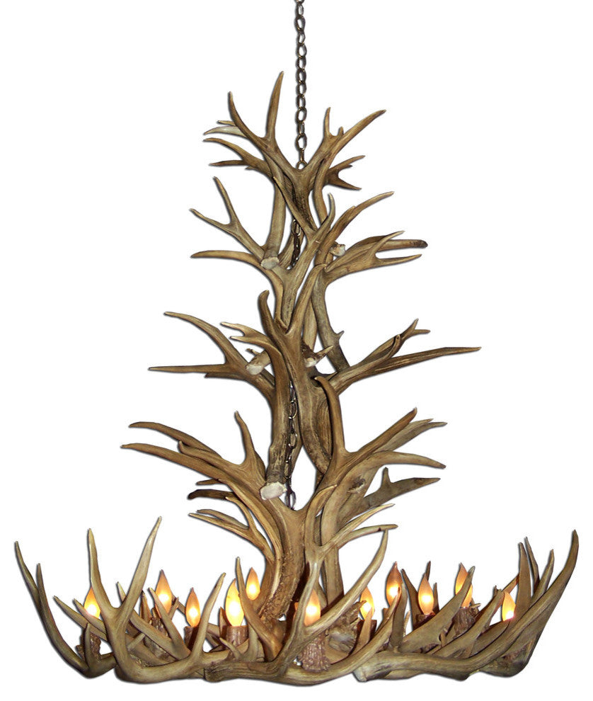 Mule Deer Tall Spruce Antler Chandelier Light, Extra Large, No Shades