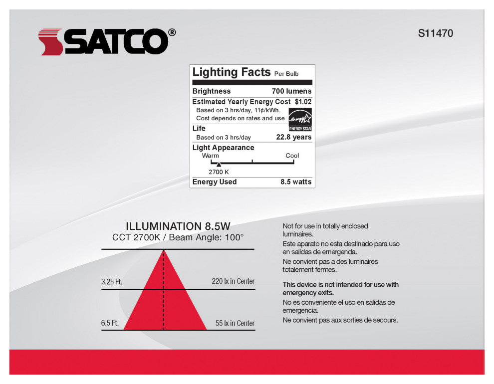 8.5W, BR30 LED, 2700K, 80 CRI, Medium Base, 120Vs, Dimmable, 6-Pack
