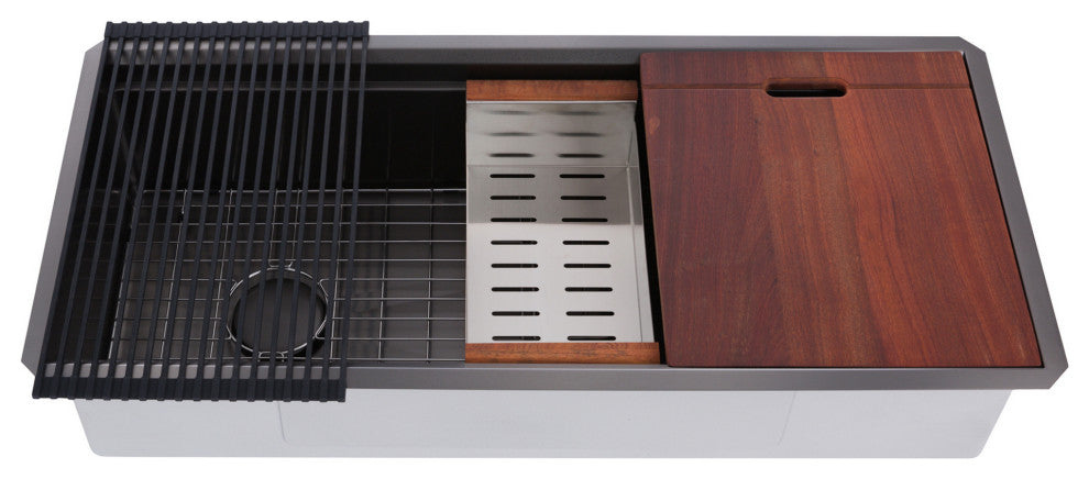 Workstation 42" Undermount Single Bowl Black Kitchen Sink With Faucet