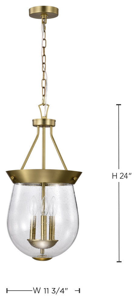 Boliver 3 Light Pendant, 11", Vintage Brass Finish, Clear Seeded Glass