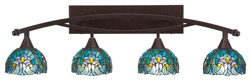Bow 4-Light Bath Bar, 7" Turquoise Cypress Art Glass, Bronze