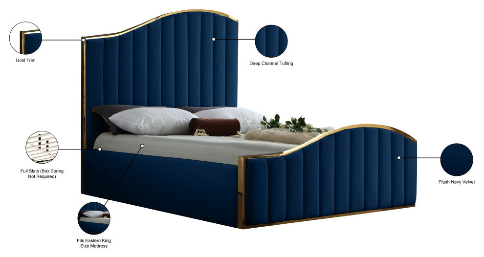Jolie Black Velvet King Bed, Navy, King