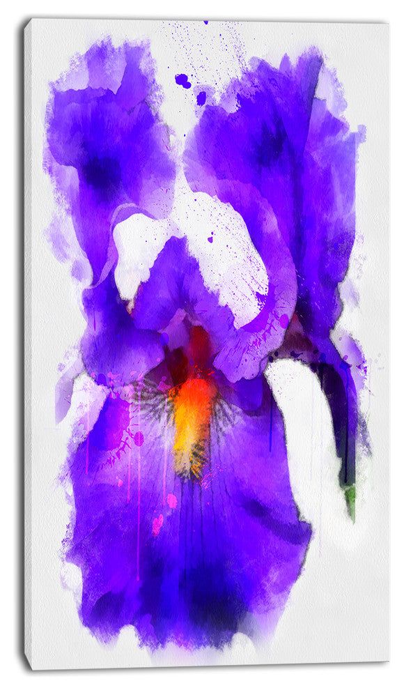 Blue Flower and Watercolor Splashes, Large Floral Canvas Artwork, 16"x32"