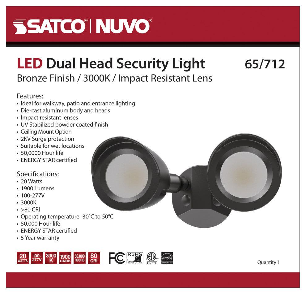 LED Security Light - Dual Head - Bronze Finish - 3000K