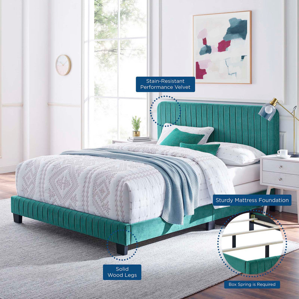 Tufted Platform Bed Frame, Full Size, Velvet, Teal Blue, Modern Contemporary