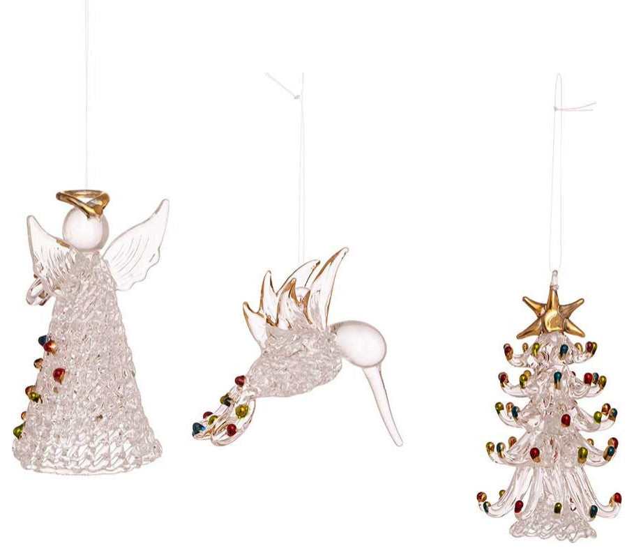 3" Spun Glass Angel, Tree and Bird Ornaments 3-Piece Set