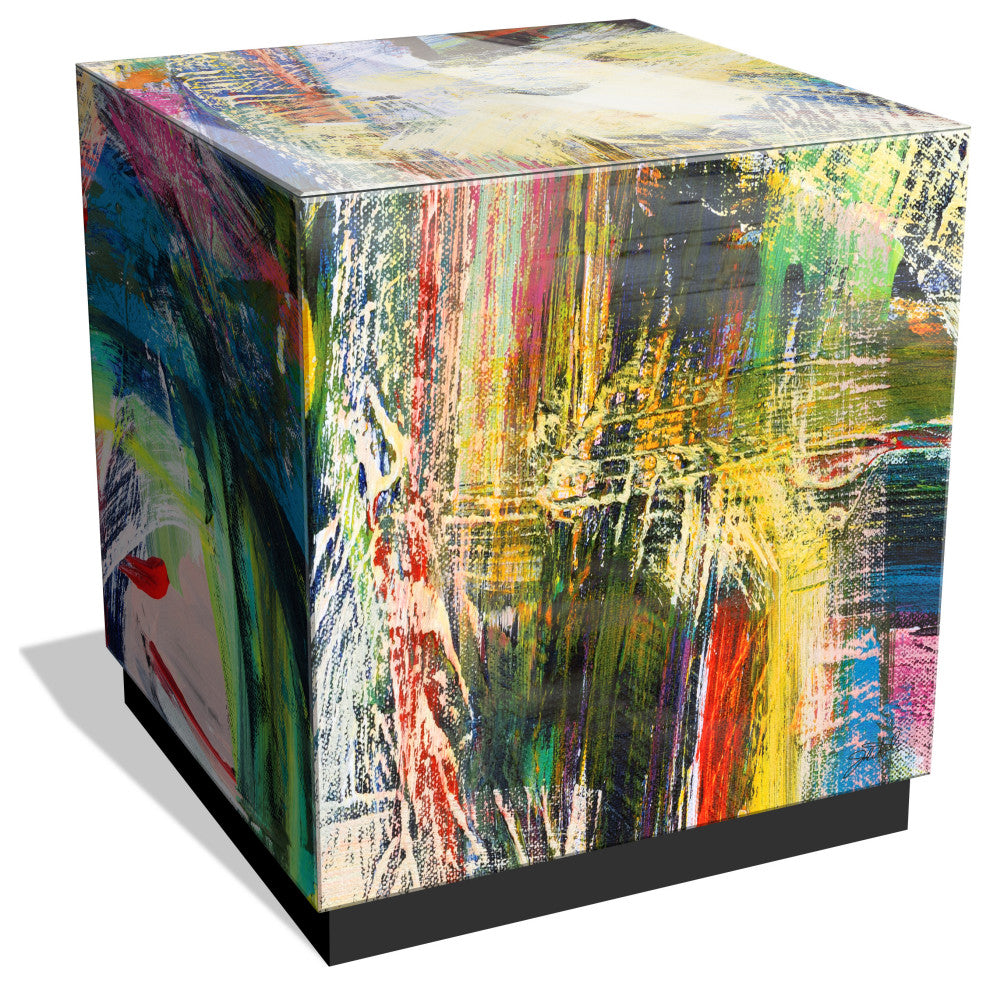 "Graffiti Rock Star II" Reverse Printed Glass Side Table with Black Plinth Base