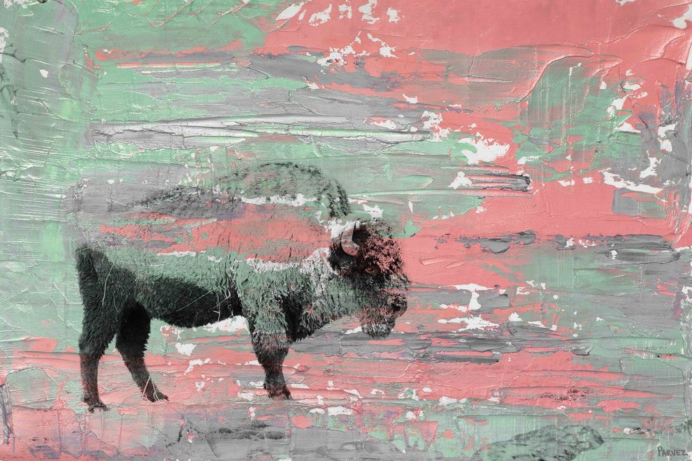 "Green Paint Buffalo" Painting Print on Wrapped Canvas, 24"x16"