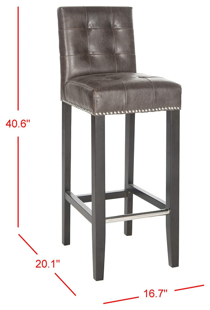 Contemporary Bar Stool, Birch Base With Tufted Seat and Nailhead, Antique Brown/